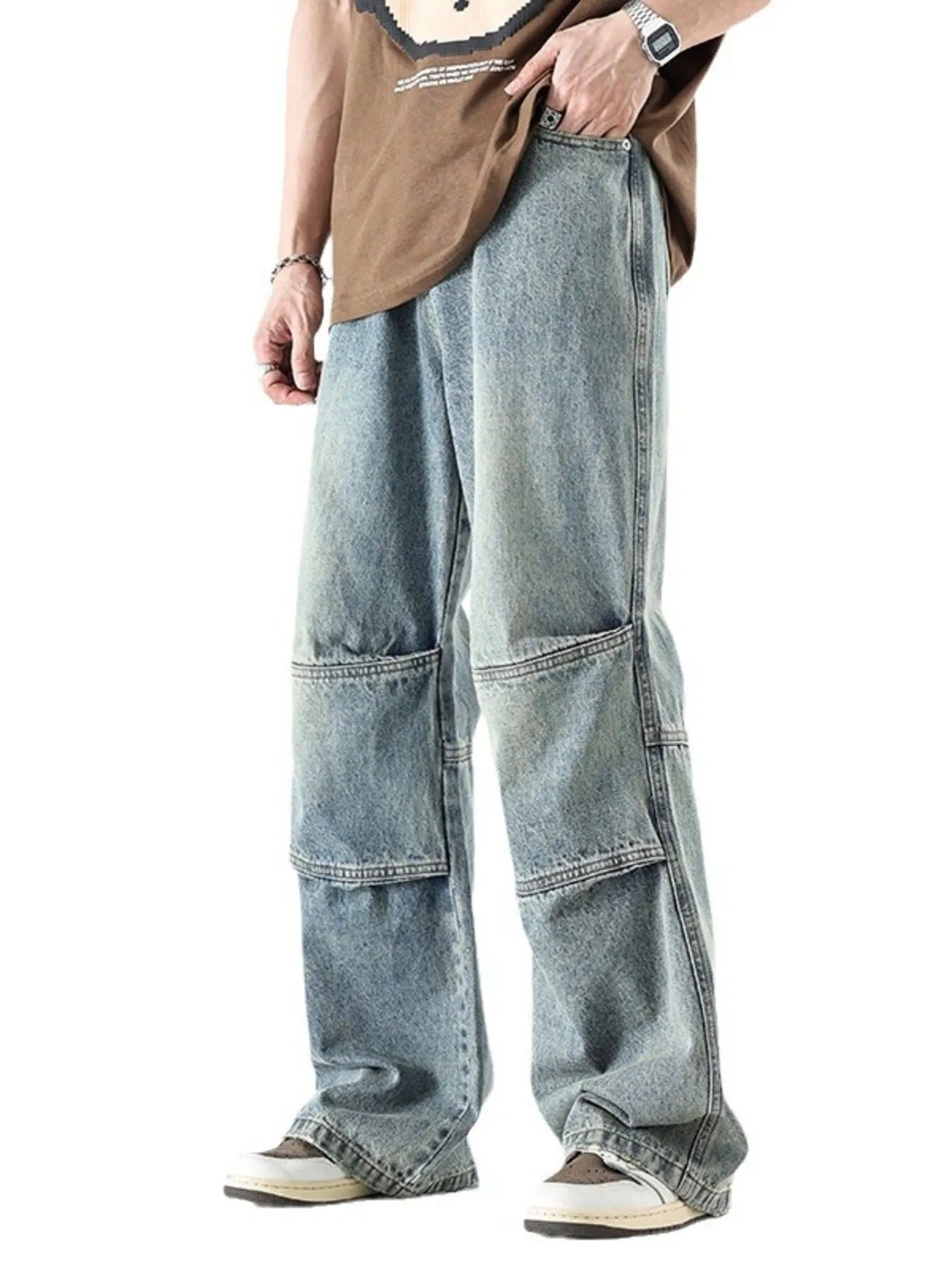 Men's Vintage Wide Leg Utility Jeans with Multi-Panel Design - Fashorio