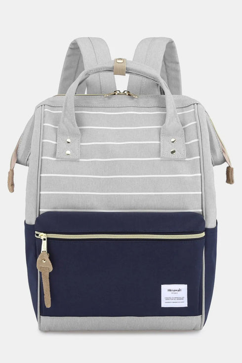 Himawari Waterproof Canvas Backpack Bag with Side Pockets Grey Navy Stripe One Size - Fashorio