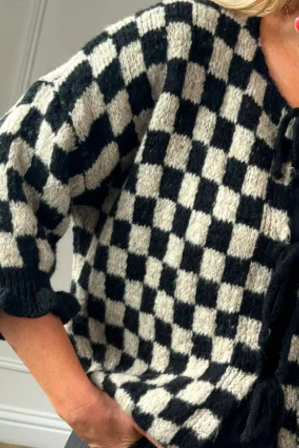 Double Take Tied Checkered Dropped Shoulder Flounce Sleeve Cardigan - Fashorio