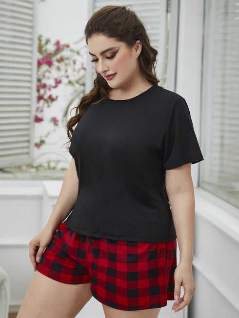 Plus Size Round Neck Tee Shirt and Plaid Shorts Lounge Set - Fashorio