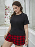Plus Size Round Neck Tee Shirt and Plaid Shorts Lounge Set - Fashorio