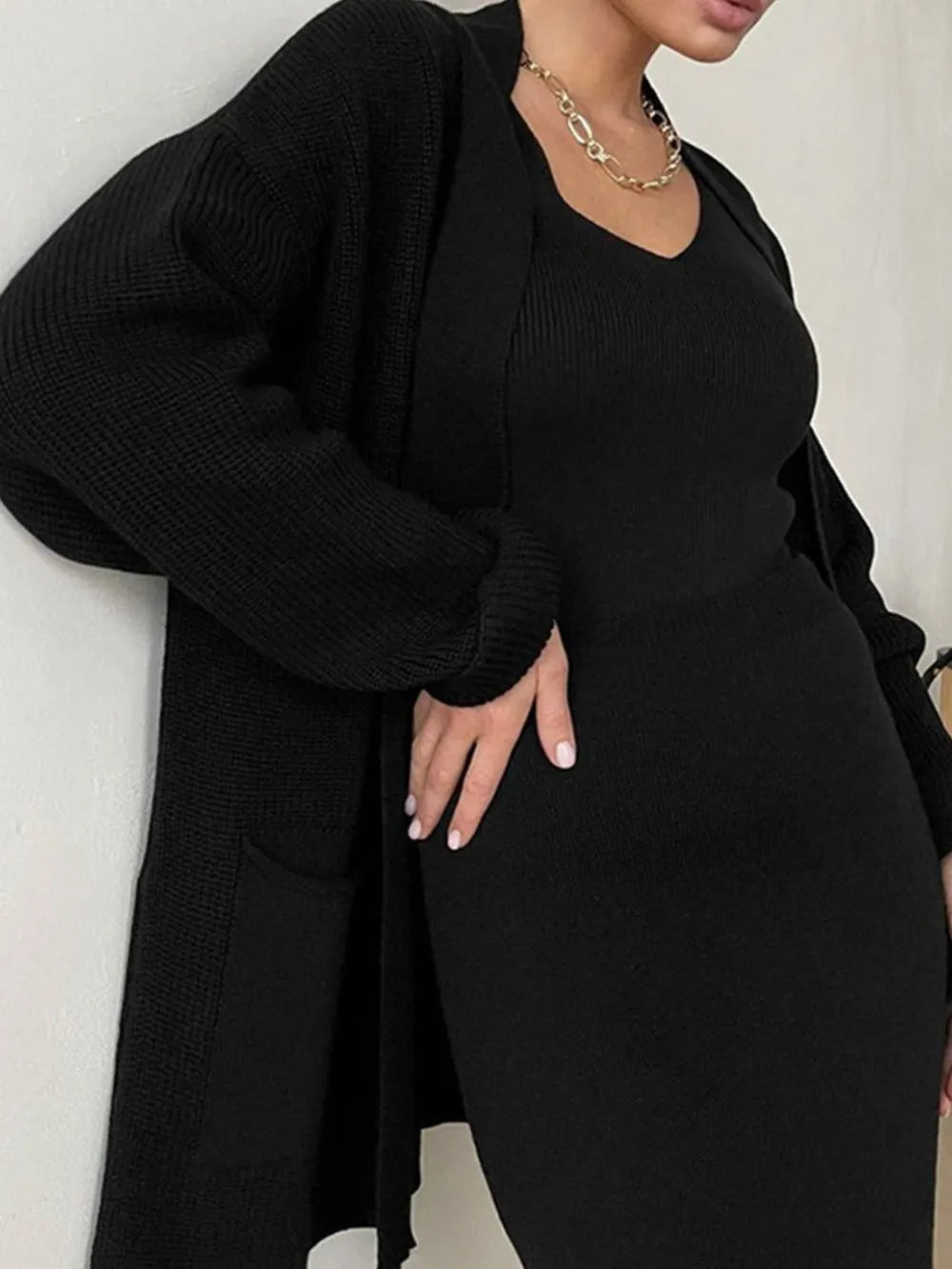 Pocketed Long Sleeve Cardigan and Skirt Sweater Set Black One Size - Fashorio