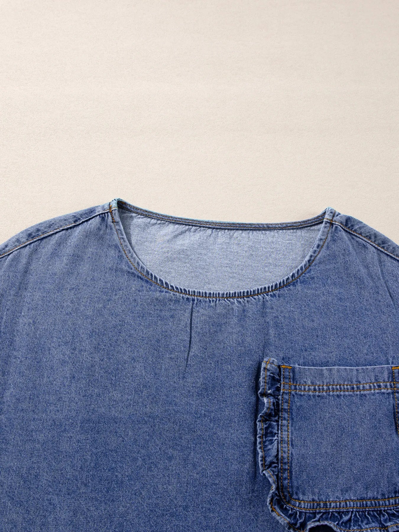 3/4 Sleeve Ruffled Patched Pocket Denim Blouse - Fashorio