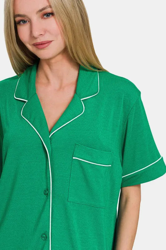 Zenana Button Down Short Sleeve Top and Shorts Lounge Set - Fashorio