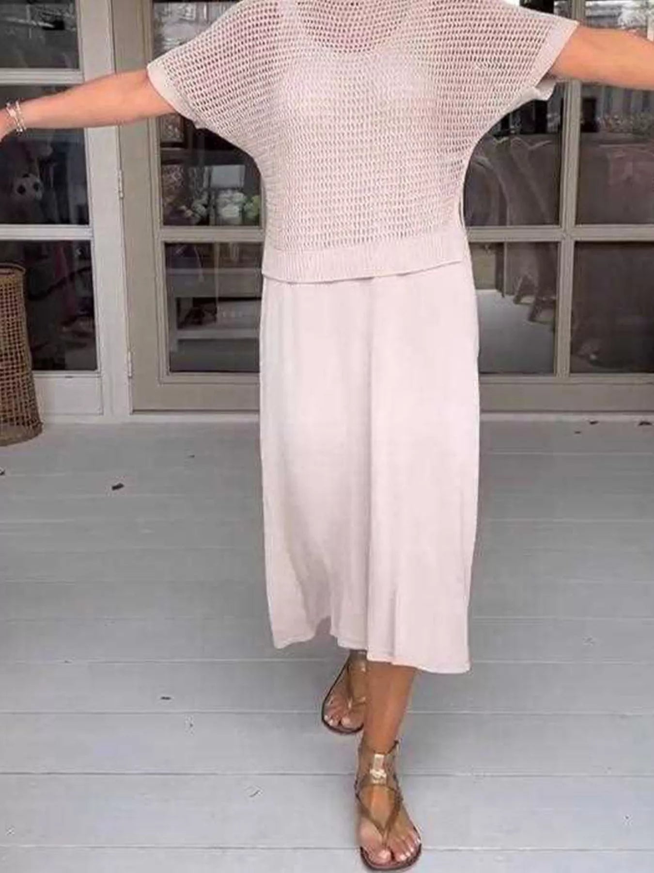 Full Size Openwork Knit Cover Up and Dress Set Plus Size - Fashorio