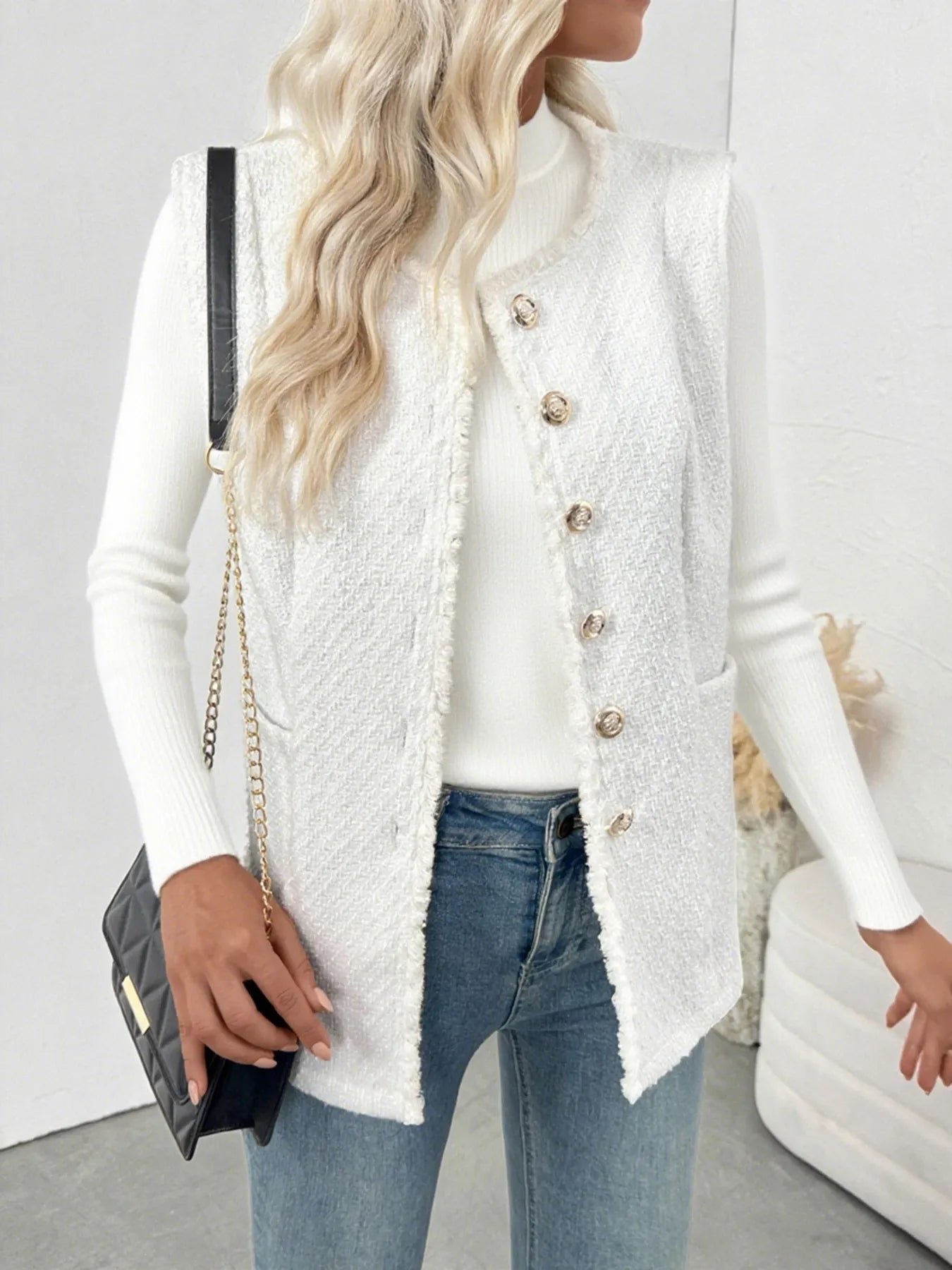 Textured Button-Front Vest with Raw Edge - Fashorio