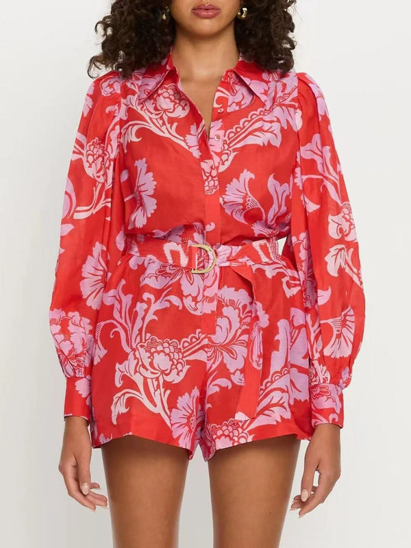 Printed Long Sleeve Belted Romper Red - Fashorio