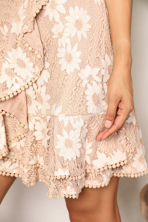 Double Take Floral Lace Pompom Detail Tie-Waist Flutter Sleeve Dress - Fashorio