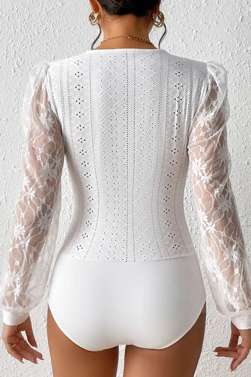 Eyelet Lace Long Sleeve Bodysuit - Fashorio