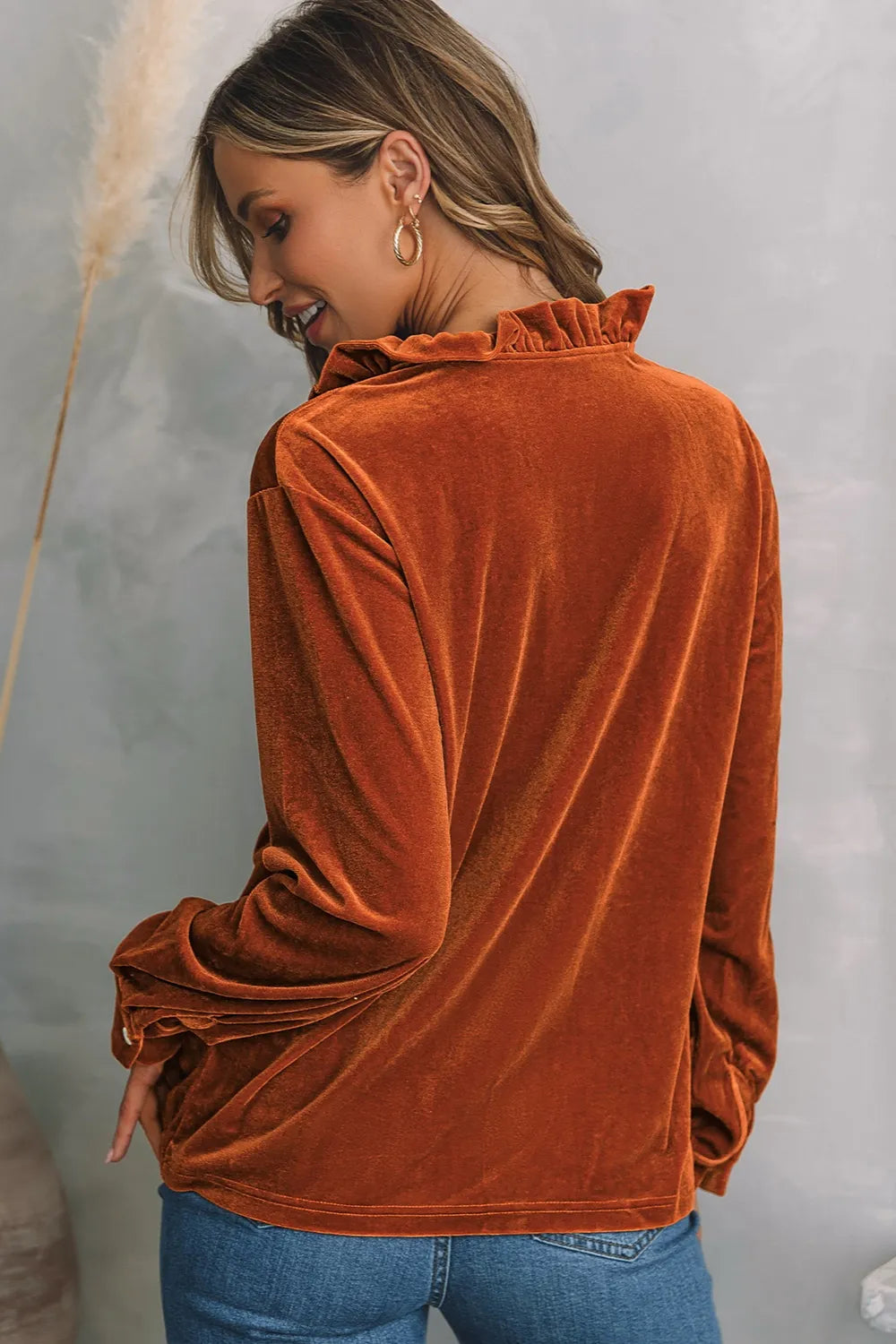 Notched Frill Detail Long Sleeve Blouse - Fashorio