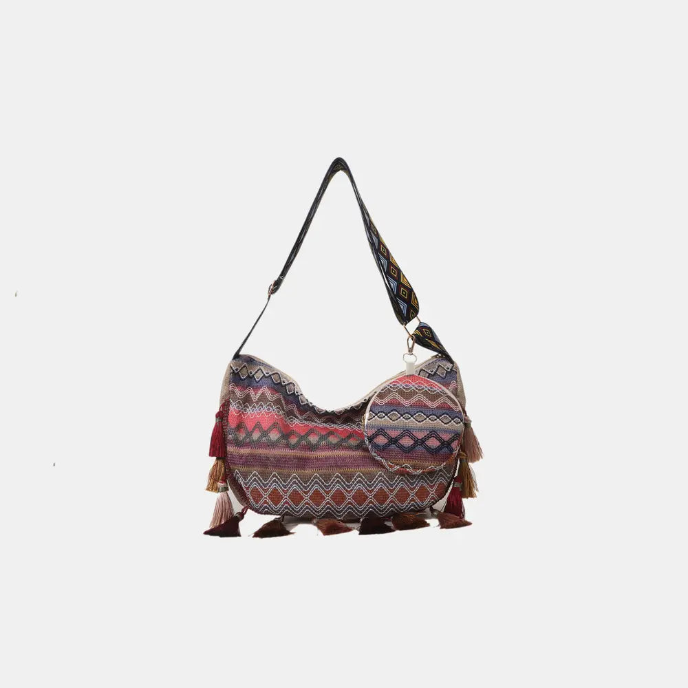 Printed Tassel Detail Crossbody Bag with Small Purse Hot Pink One Size - Fashorio
