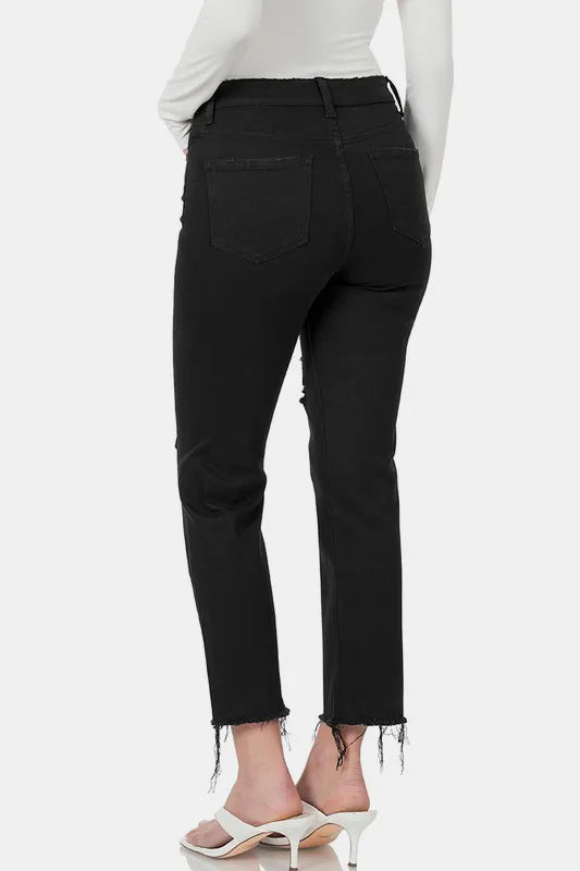 Zenana Distressed Raw Hem Cropped Jeans - Fashorio
