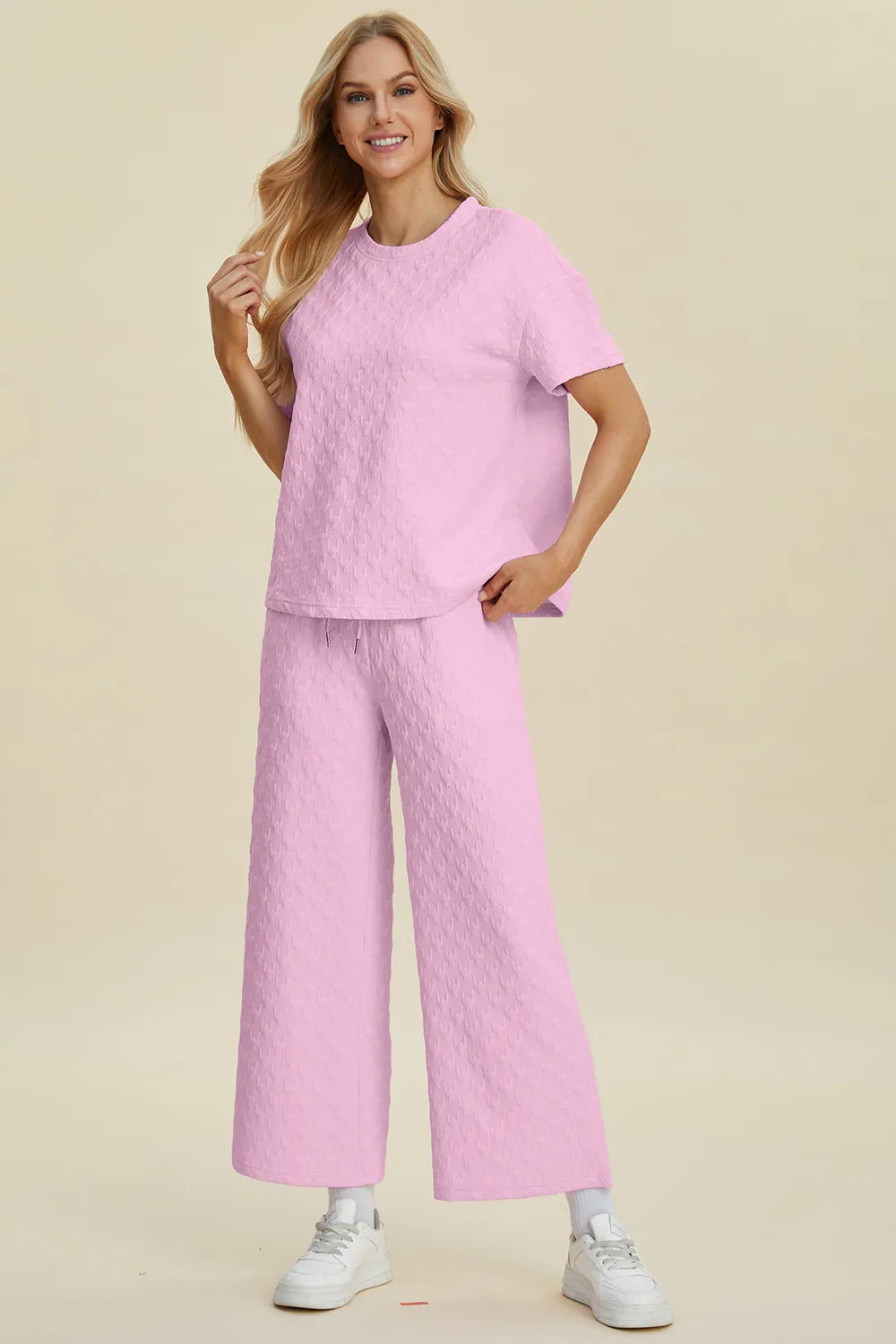 Double Take Full Size Texture Round Neck Short Sleeve Top and Pants Set - Fashorio