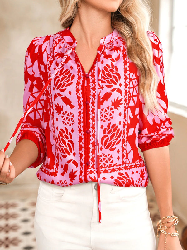 Floral Print Tie-Neck Button Down Shirt Strawberry - Fashorio