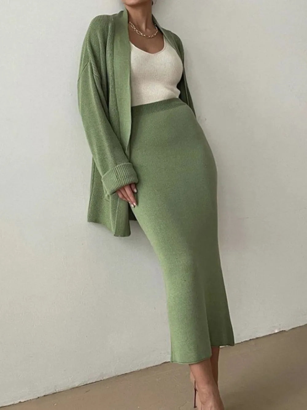 Pocketed Long Sleeve Cardigan and Skirt Sweater Set - Fashorio