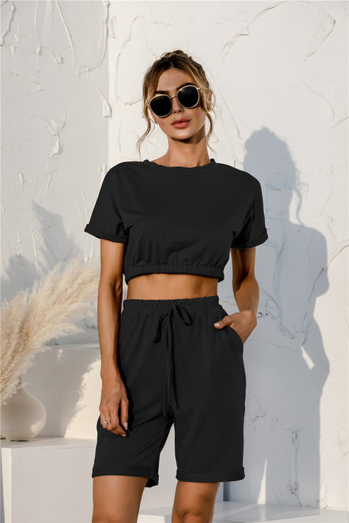Short Sleeve Cropped Top and Drawstring Shorts Lounge Set Black - Fashorio