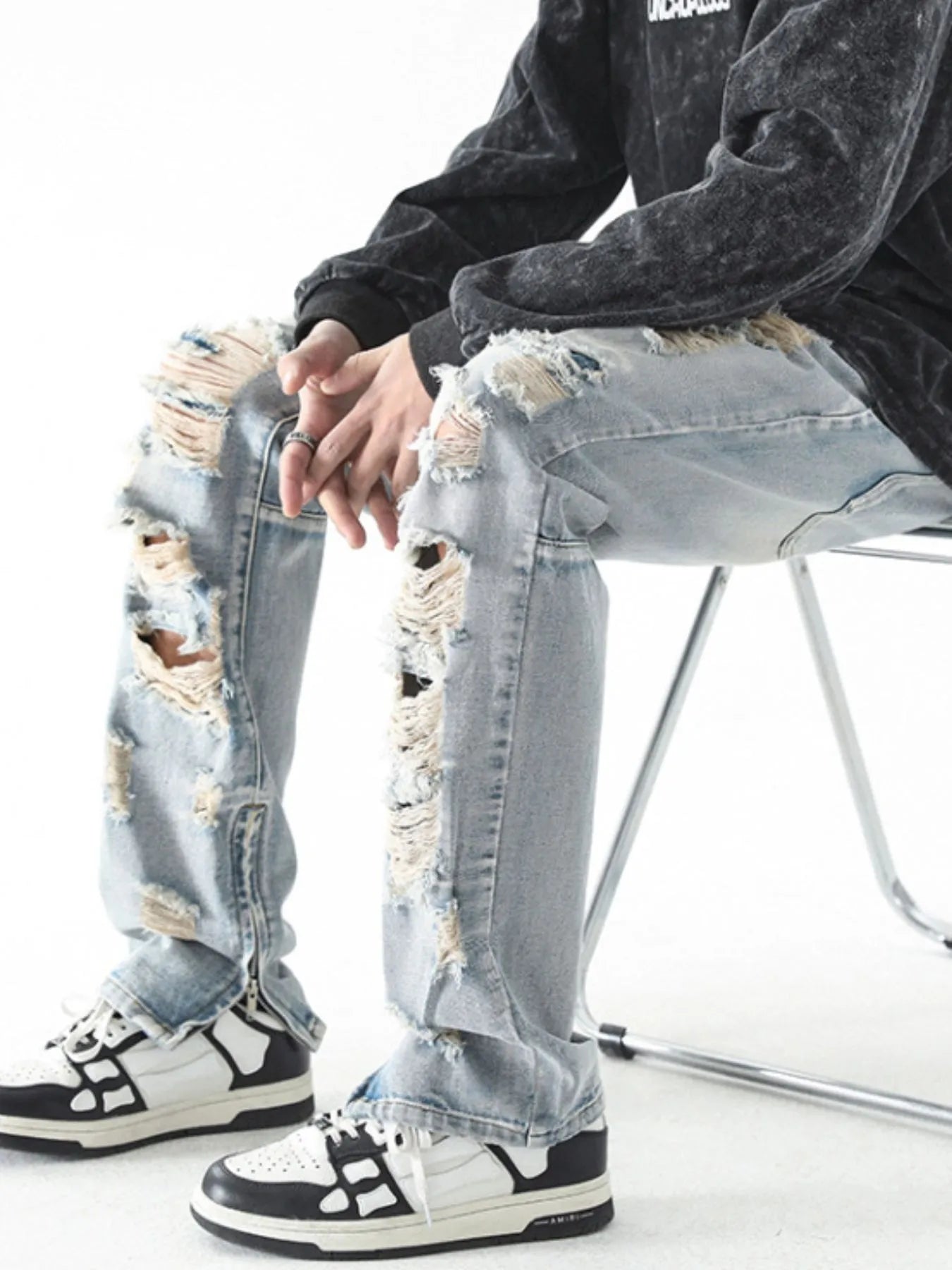Men's Washed Distressed Straight Jeans - Fashorio