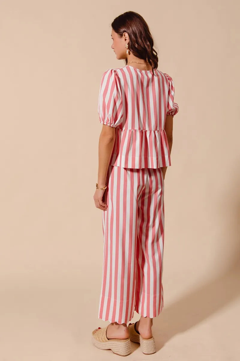 SO ME Front Tie Stripe Top With Puff Sleeves and Wide Leg Pants Set - Fashorio