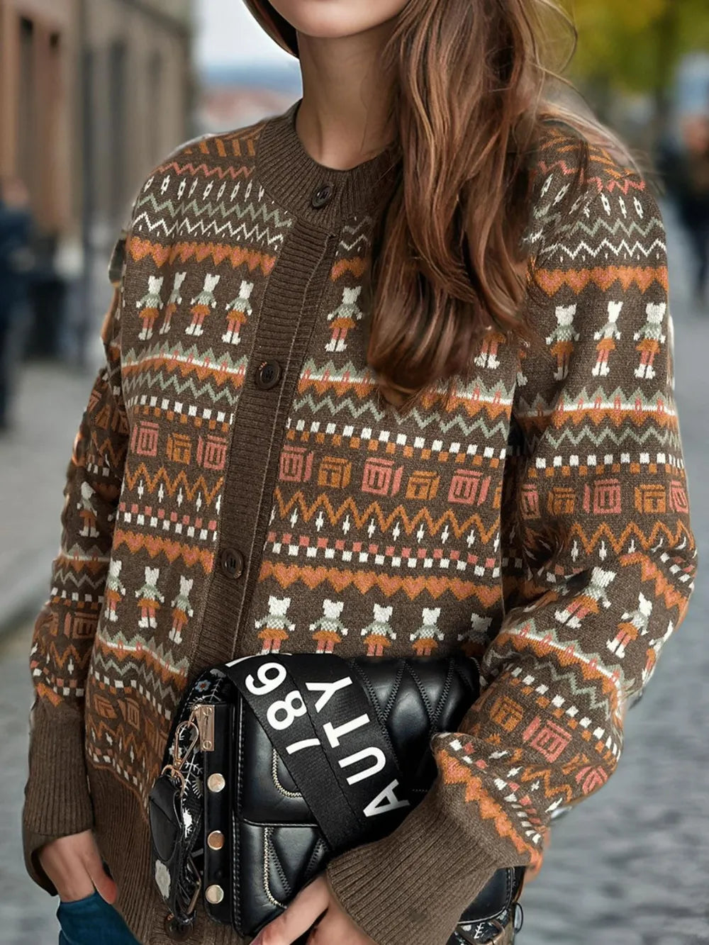 Graphic Button Down Long Sleeve Cardigan - Fashorio