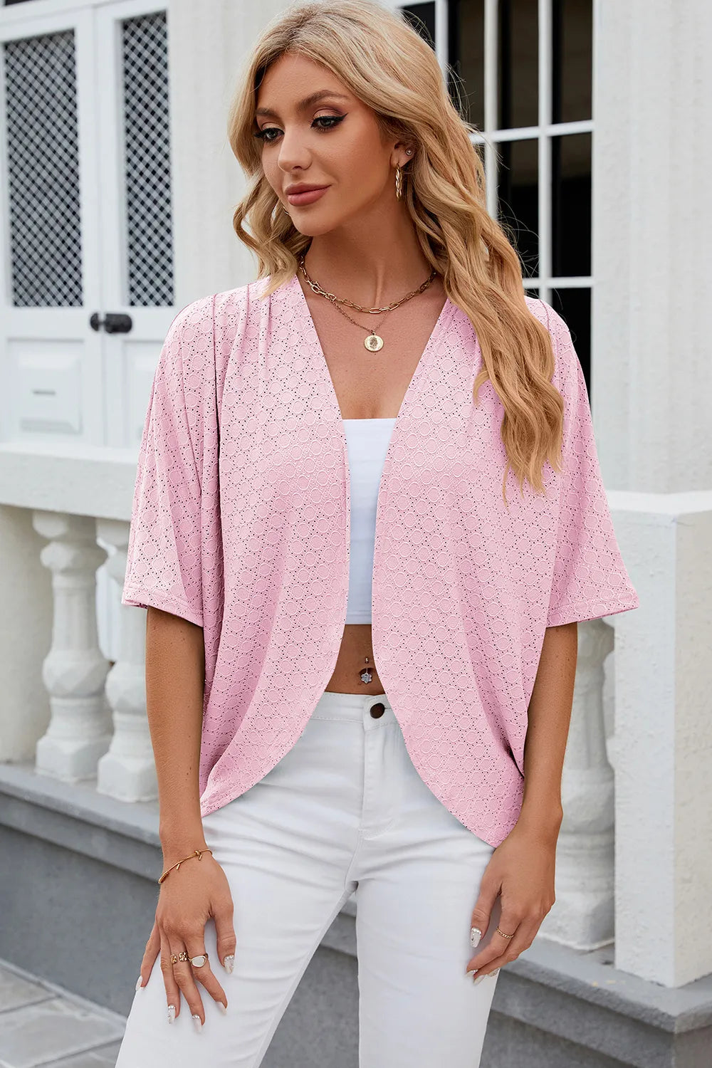 Eyelet Open Front Half Sleeve Cardigan - Fashorio