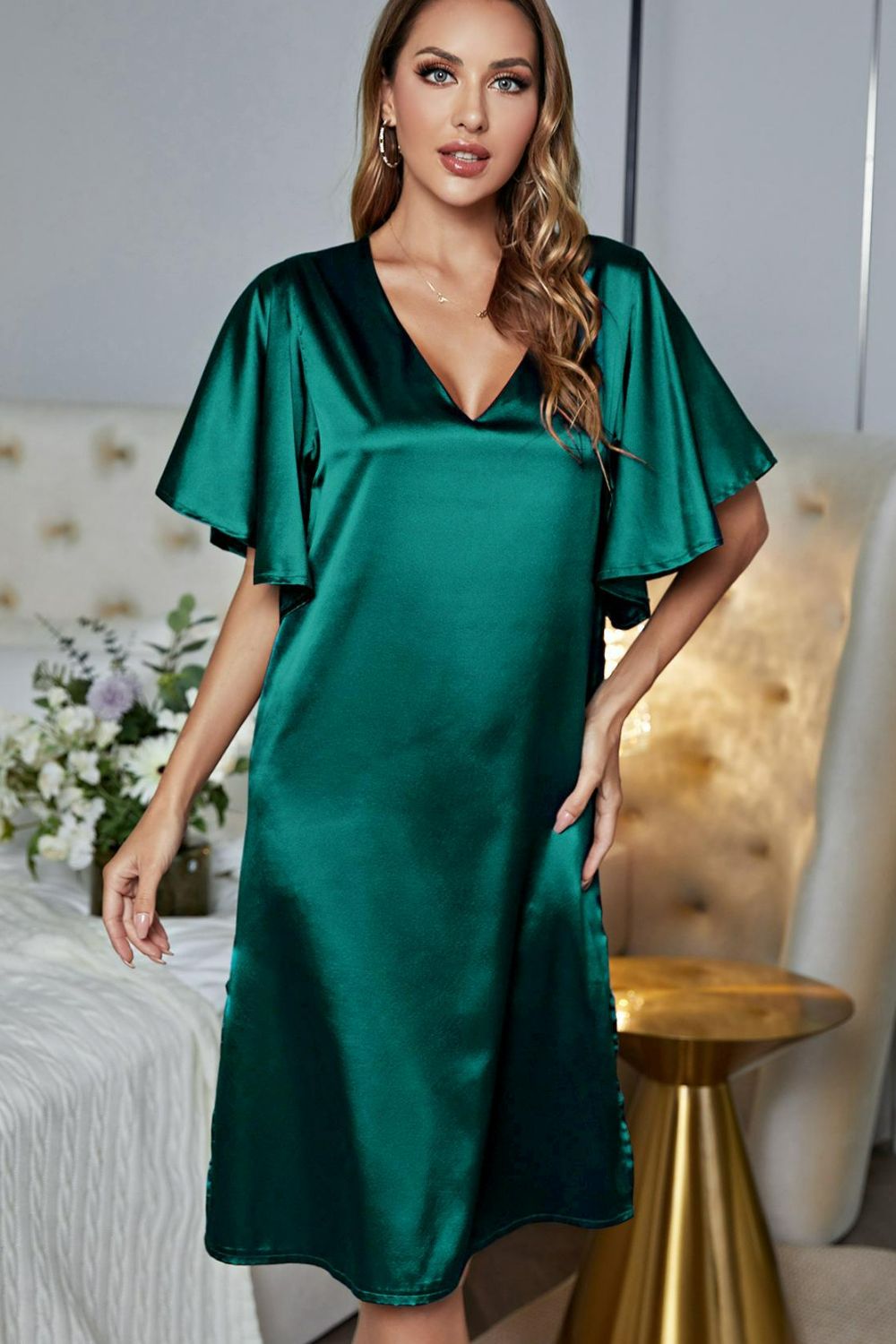 Satin Flutter Sleeve Side Slit V-Neck Night Dress - Fashorio