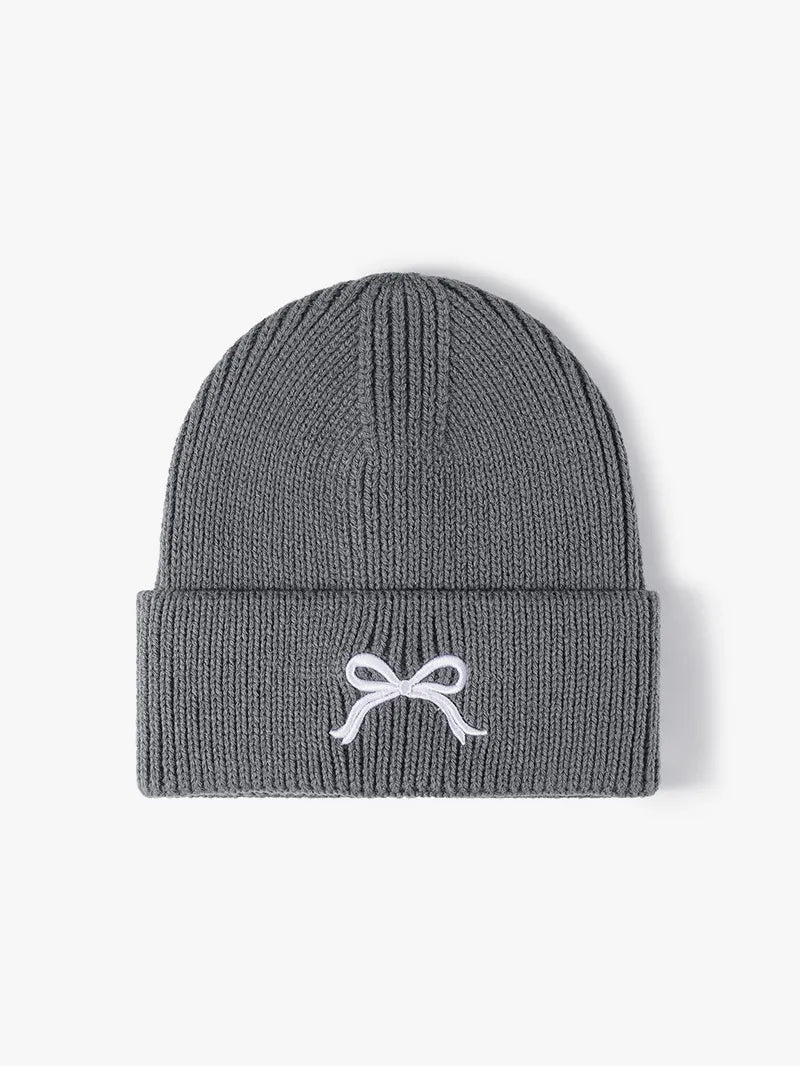 Embroidered Bow Knit Hat Gray One Size - Fashorio