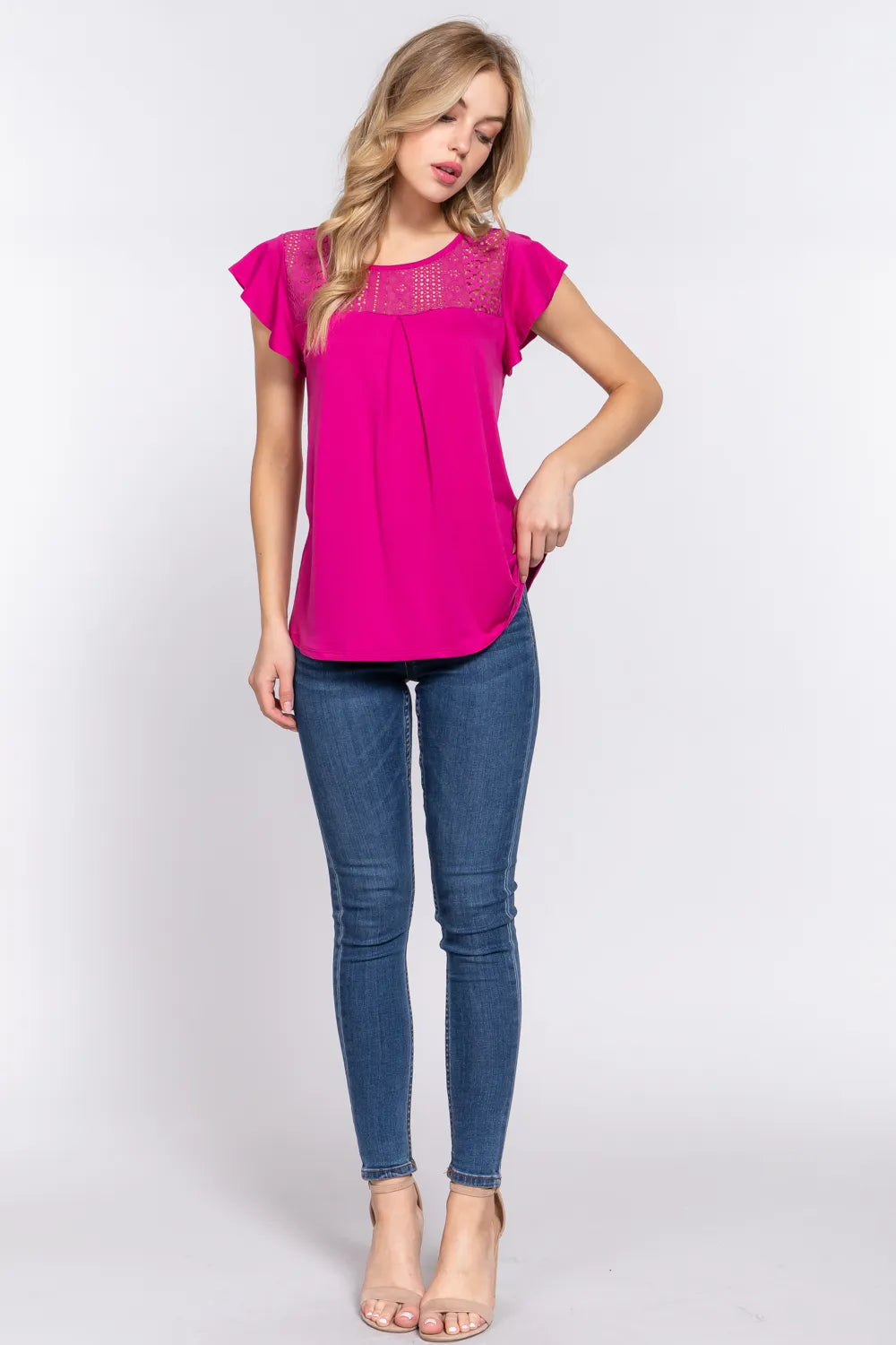 ACTIVE BASIC Ruffle Short Sleeve Lace Detail Knit Top - Fashorio