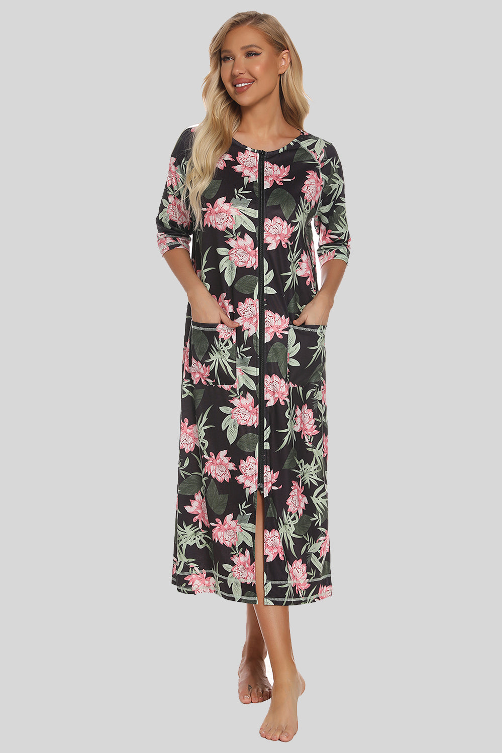 Printed Slit Night Dress with Pockets Army Green - Fashorio