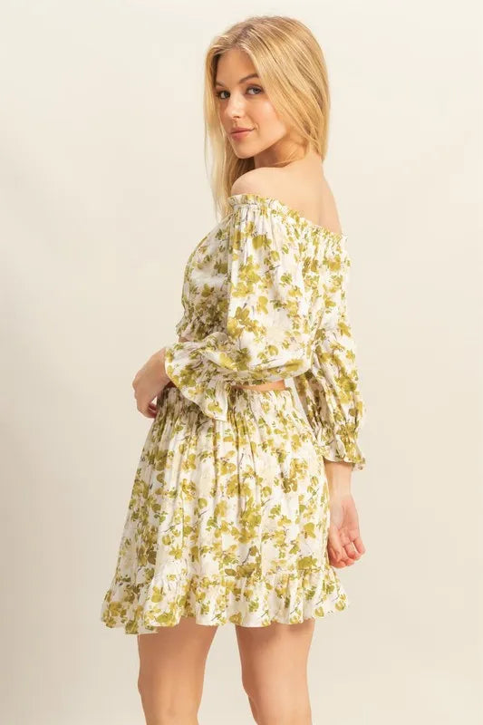 HYFVE Floral Off-Shoulder Flounce Sleeve Top and Skirt Set - Fashorio