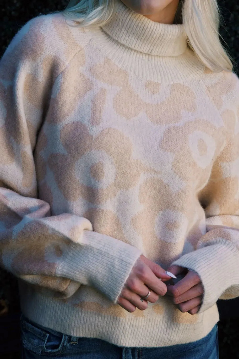 Flower Pattern Turtleneck Long Sleeve Sweater - Fashorio