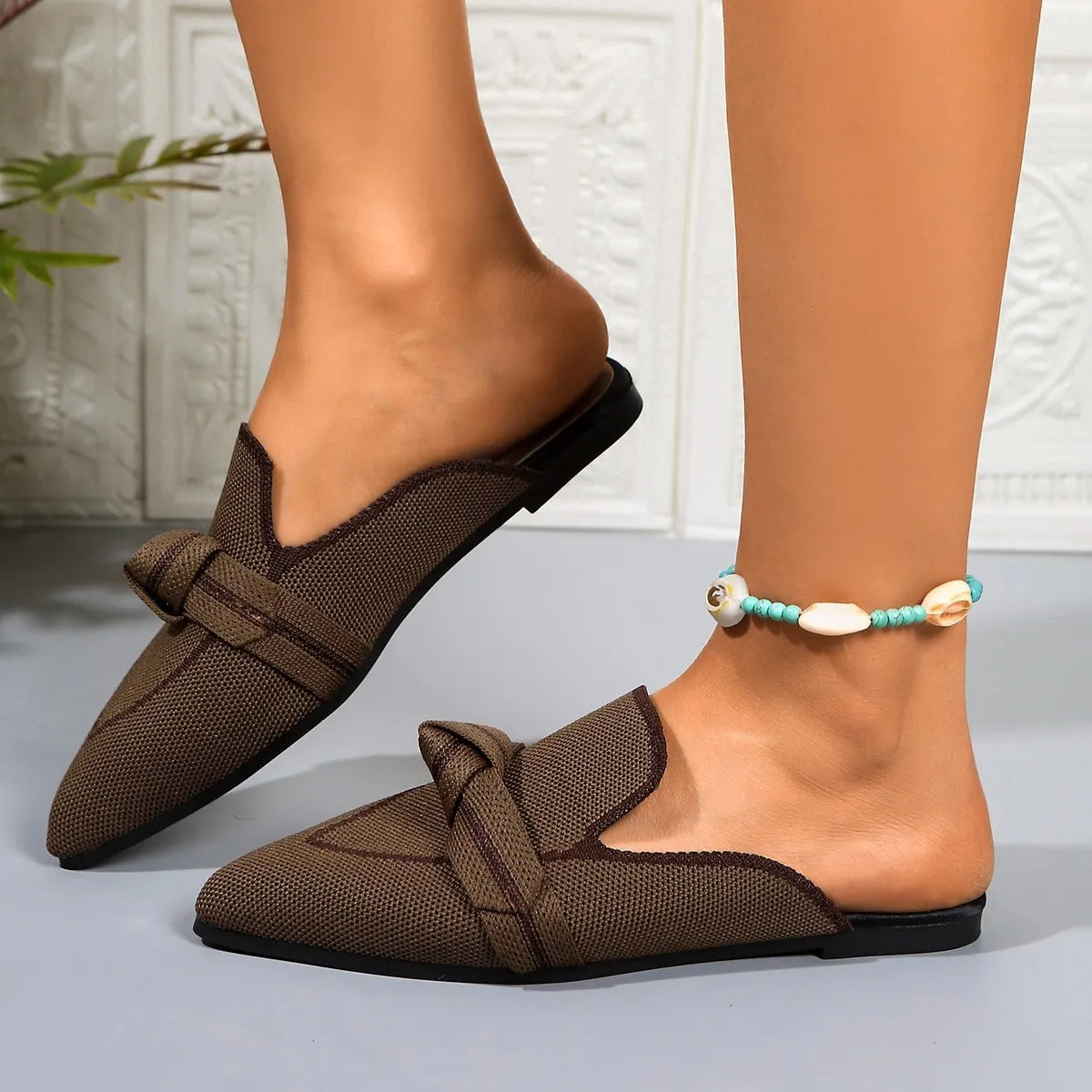 Point Toe Flat Slip-Ons Brown - Fashorio