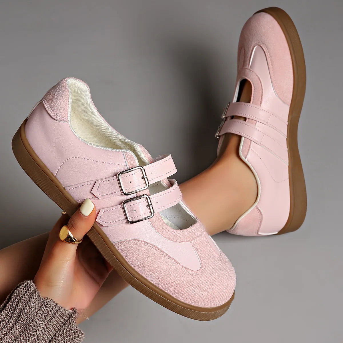Round Toe Double Buckle Loafers Pink - Fashorio