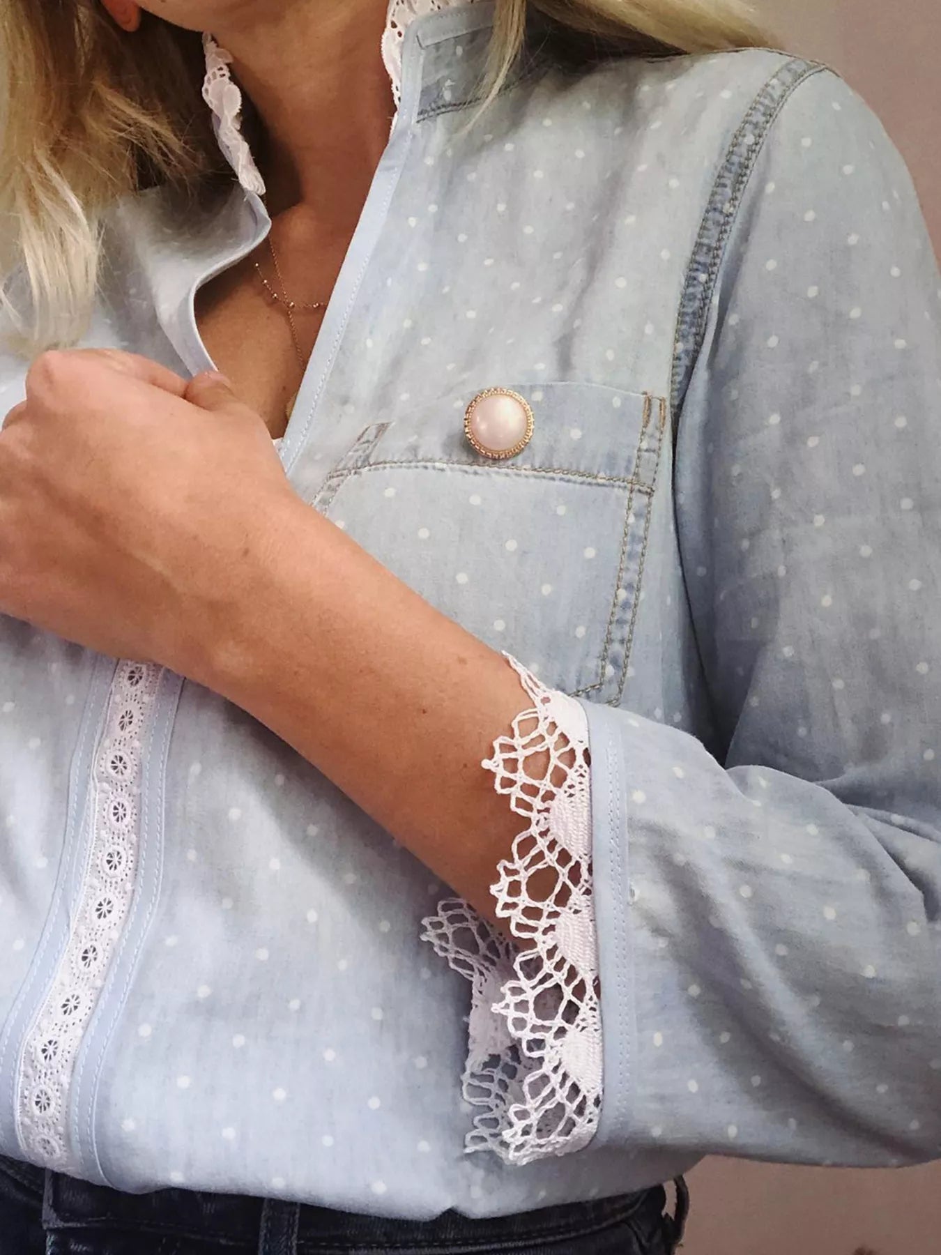 Lace Trim Patchwork Dotted Print Collared Blouse - Fashorio