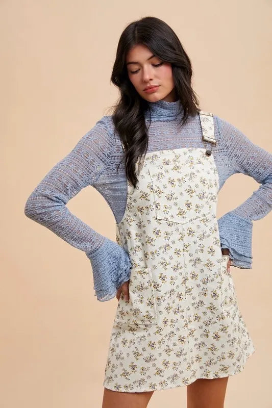 Annie Wear Stretch Ditsy Print Denim Overall Mini Dress - Fashorio