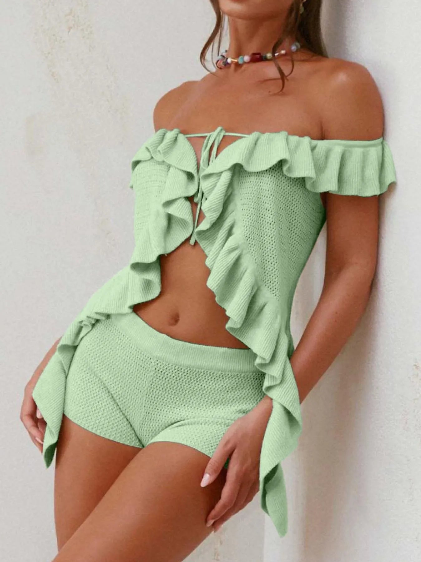 Off-Shoulder Ruffle Top and Shorts Sweater Set - Fashorio
