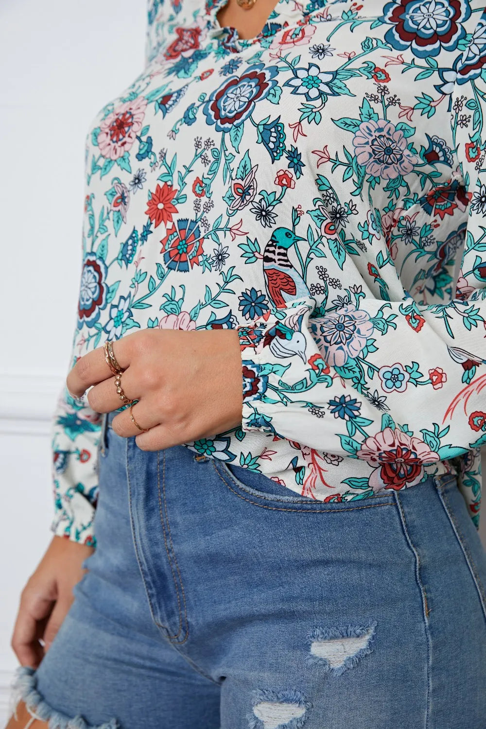 Floral Notched Long Sleeve Blouse - Fashorio