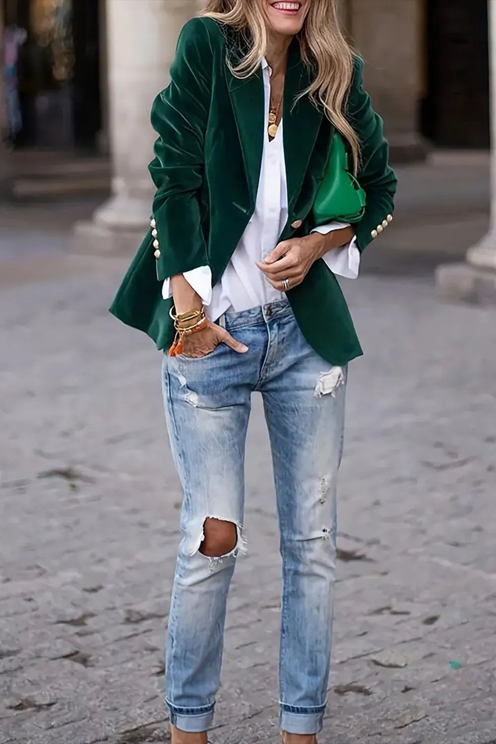 One Button Lapel Collar Long Sleeve Blazer - Fashorio