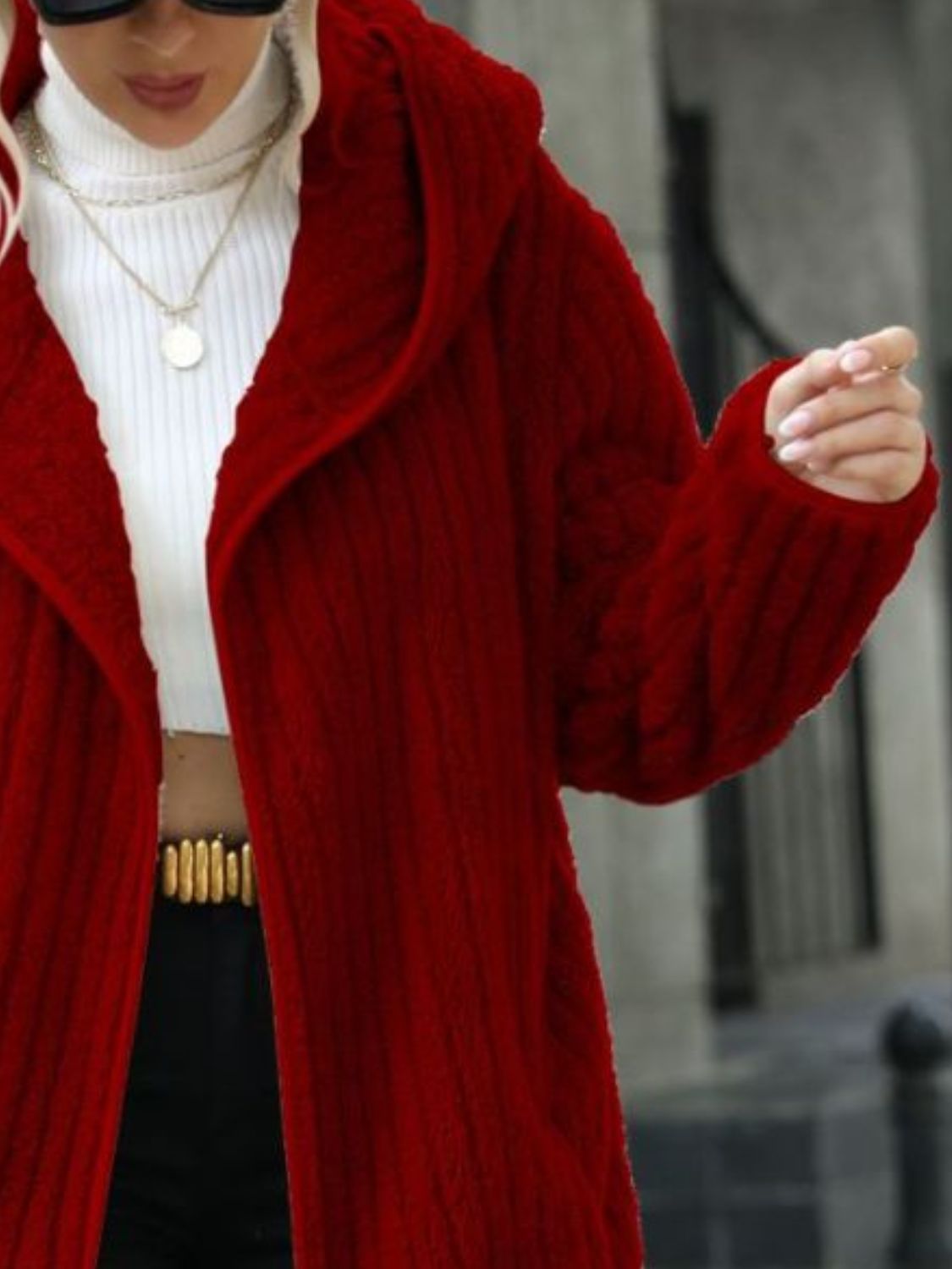 Open Front Ribbed Hooded Coat - Fashorio