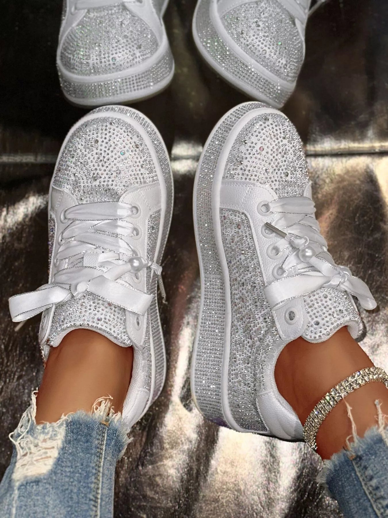 Round Toe Rhinestone Sneakers - Fashorio