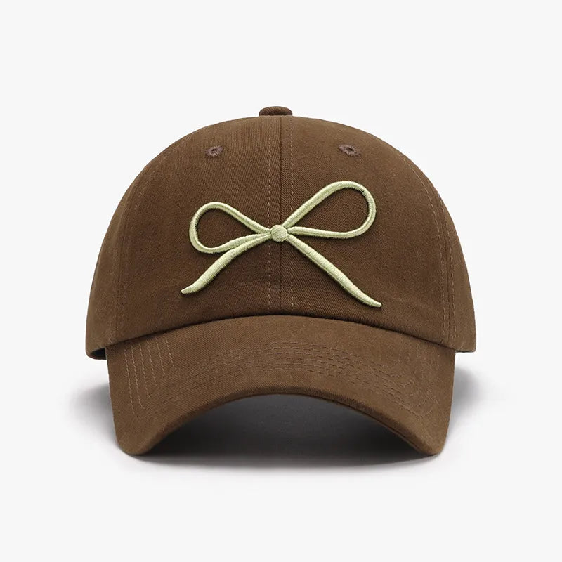 Bow Embroidered Cotton Baseball Cap Coffee Brown One Size - Fashorio