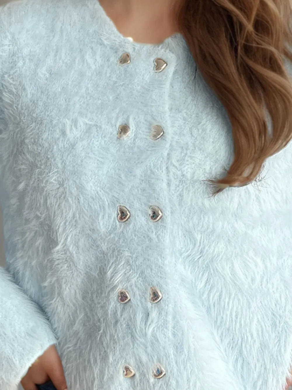 Heart Button Round Neck Cardigan - Fashorio