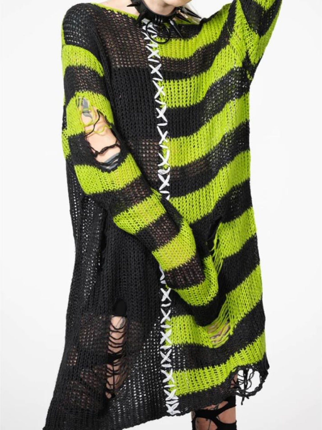 Striped Distressed Tunic Sweater - Fashorio