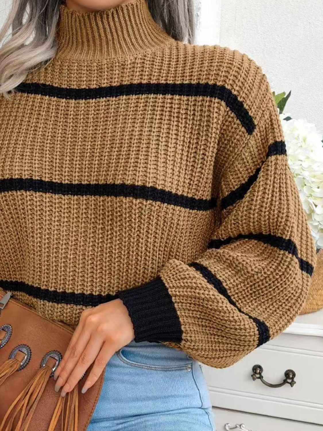 Striped Mock Neck Dropped Shoulder Sweater - Fashorio