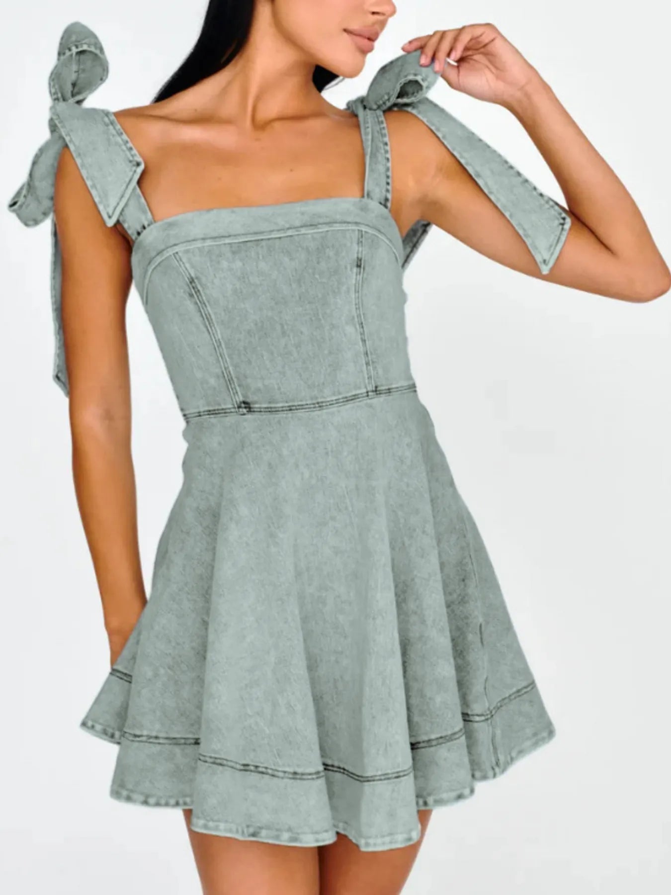 Bow-Shoulder Square Neck Denim Mini Dress - Fashorio