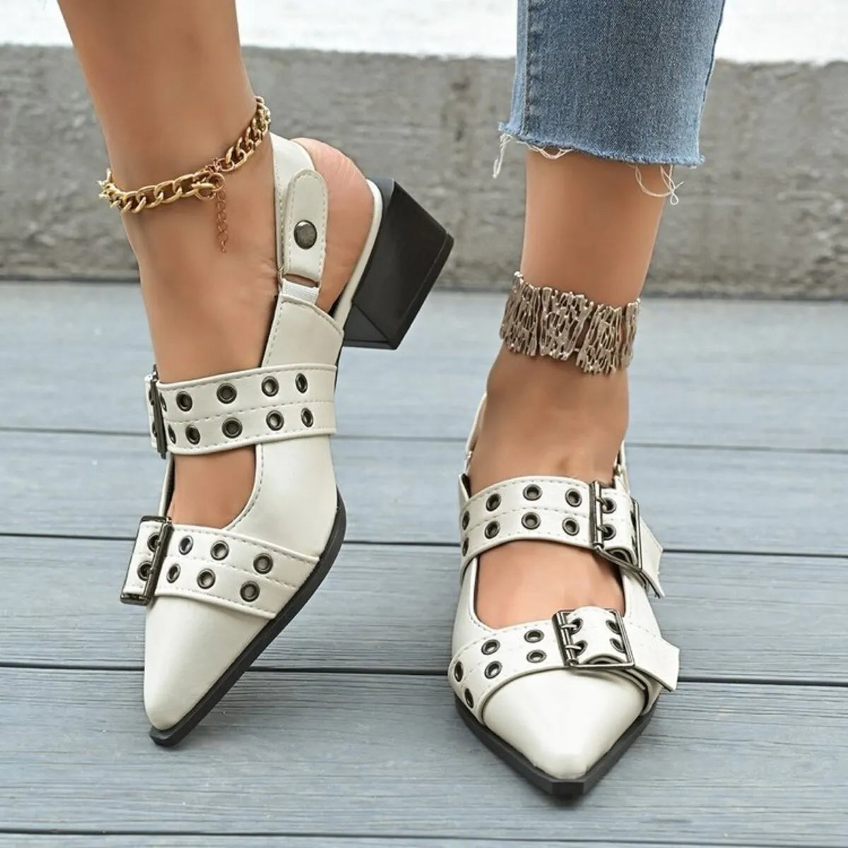 Point Toe Block Heels Slingback Pumps Beige - Fashorio