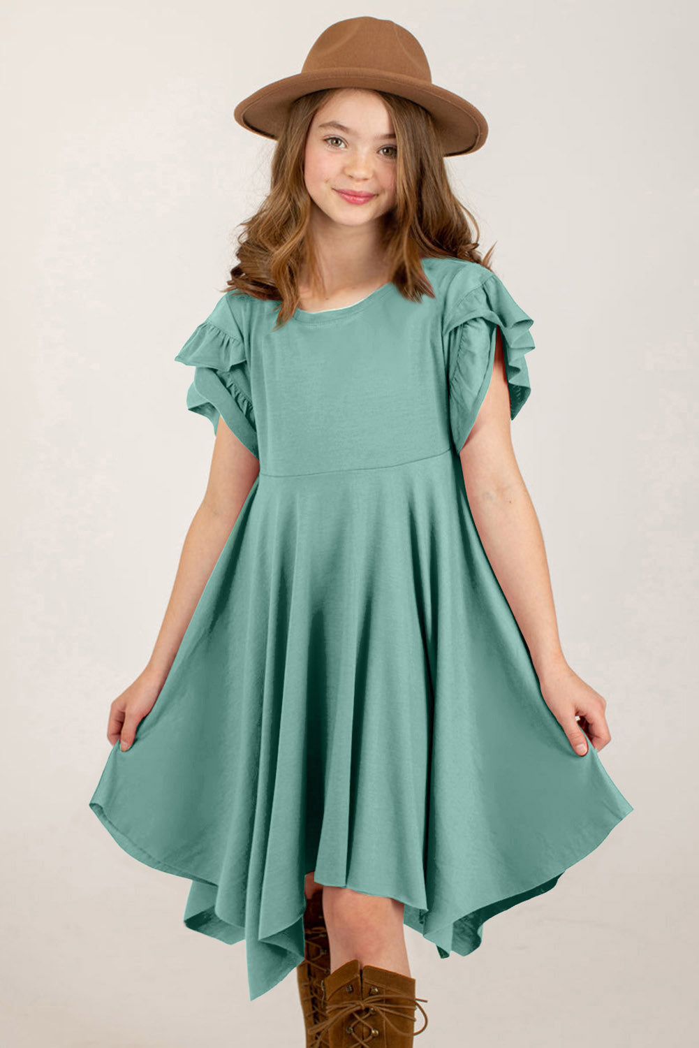 Round Neck Petal Sleeve Dress Teal - Fashorio
