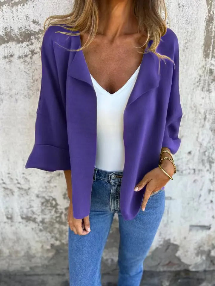 Full Size Open Front 3/4 Sleeve Cardigan Plus Size Purple - Fashorio