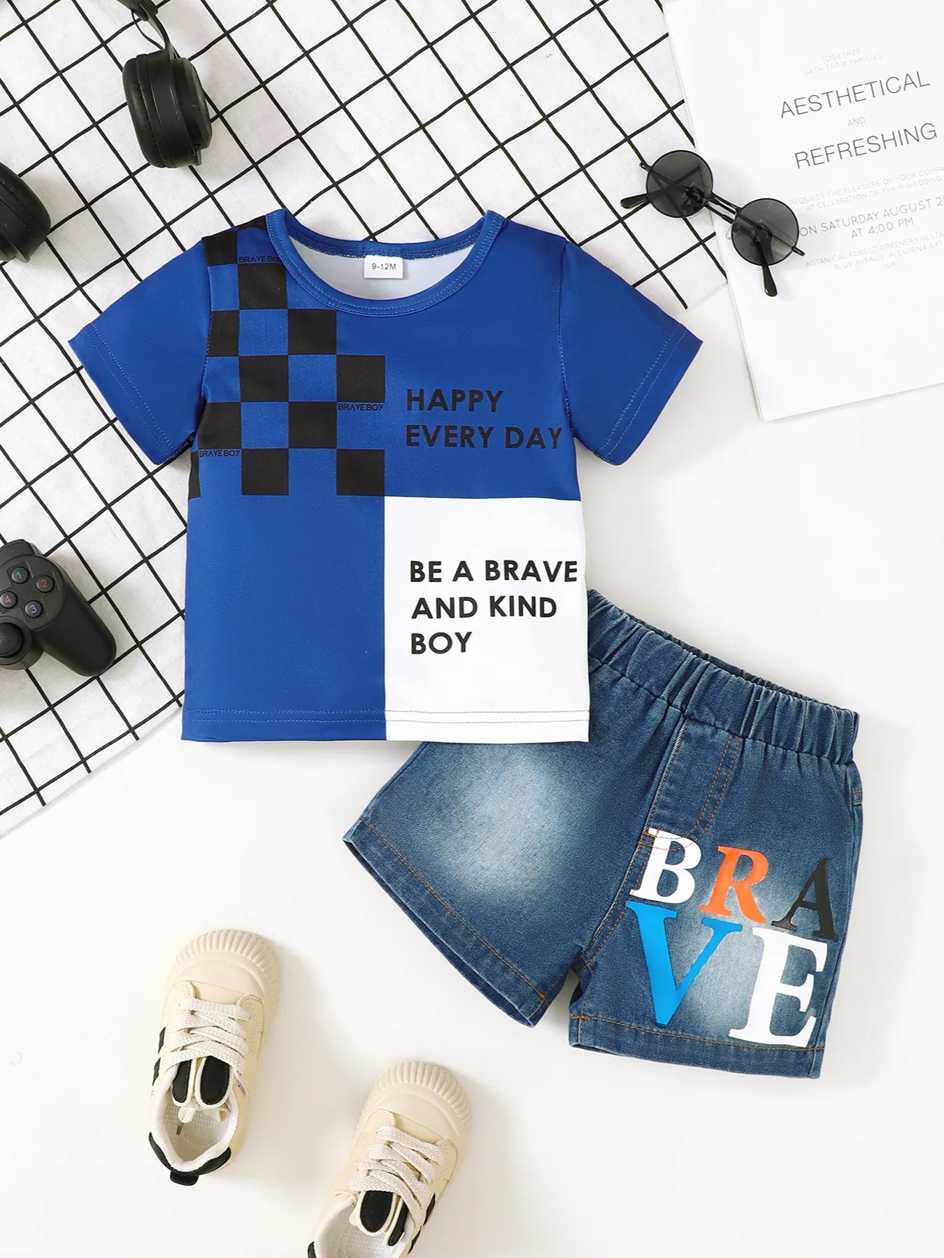 Children's Letter Round Neck Top and Denim Shorts Set - Fashorio
