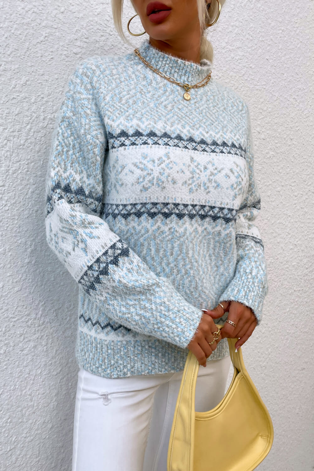 Snowflake Pattern Mock Neck Sweater - Fashorio