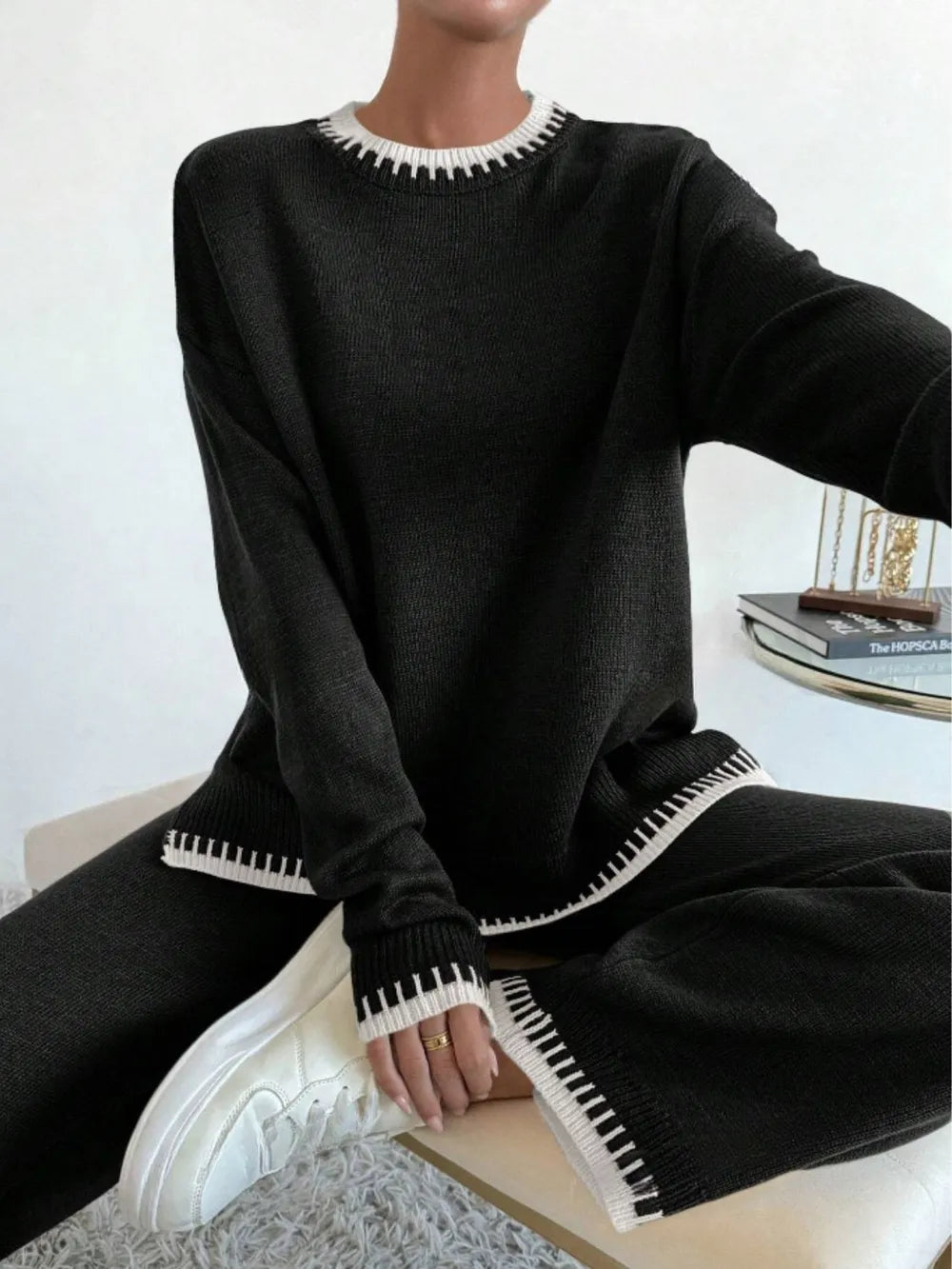 Side Slit Contrast Trim Round Neck Top and Pants Sweater Set - Fashorio